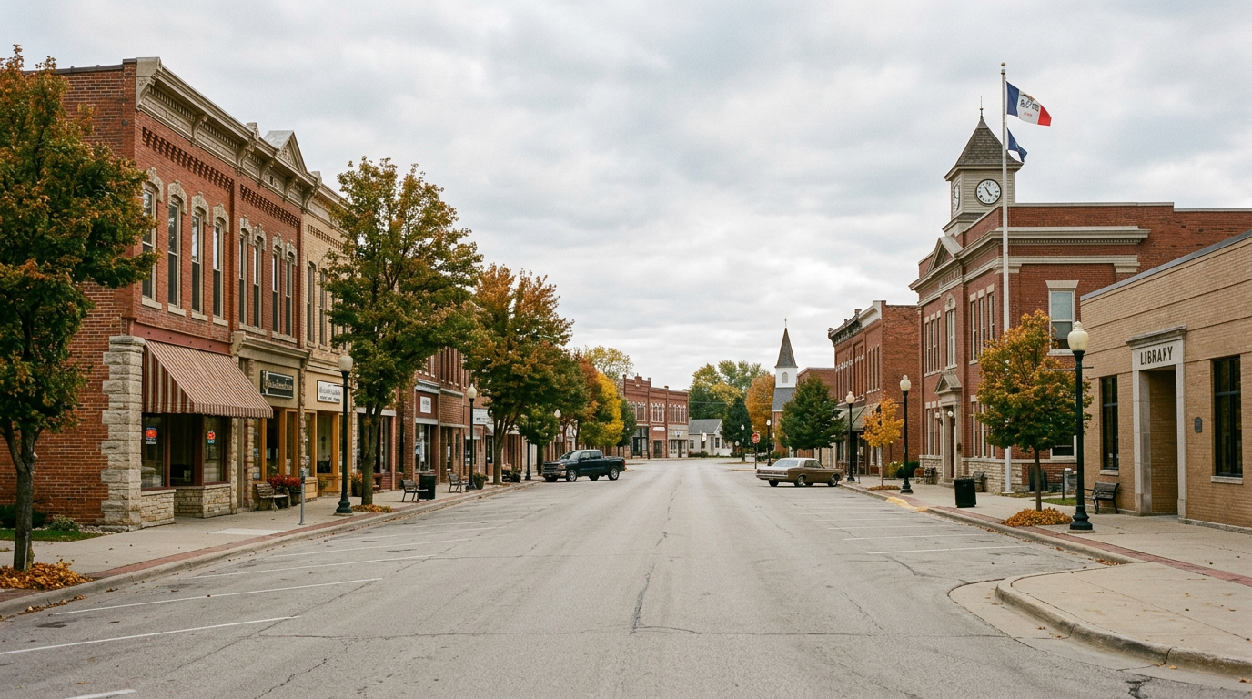 A welcoming, tree-lined main street in a small Iowa town